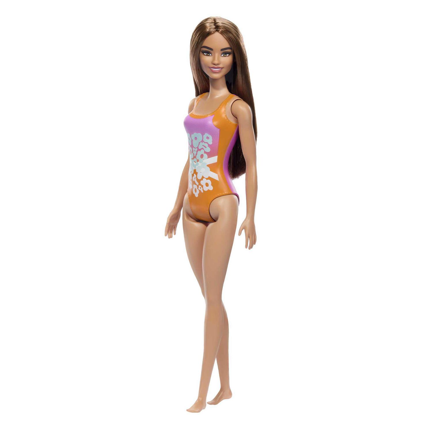 Barbie – Poupée Plage – Cheveux brun clair, maillot rose et orange