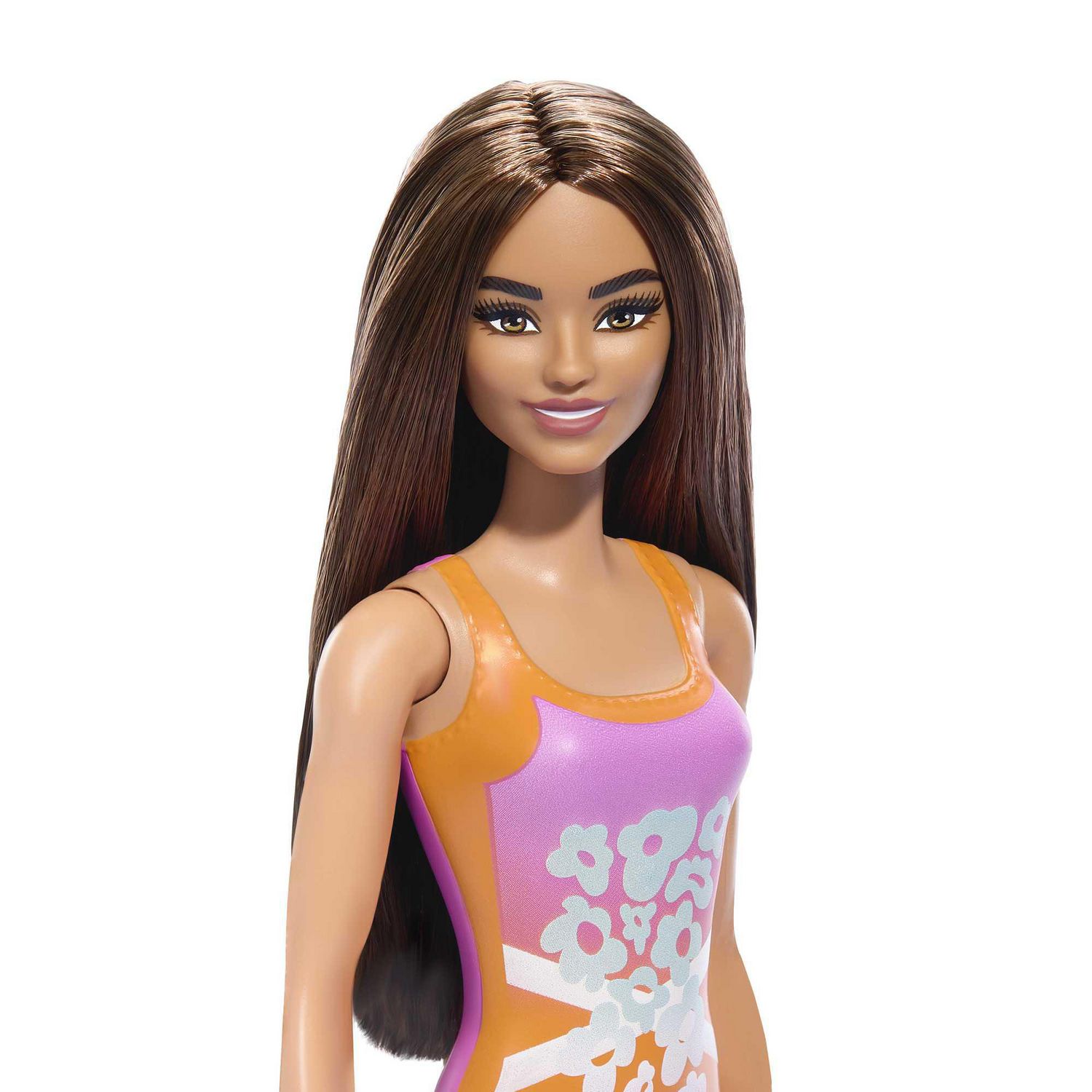Barbie – Poupée Plage – Cheveux brun clair, maillot rose et orange