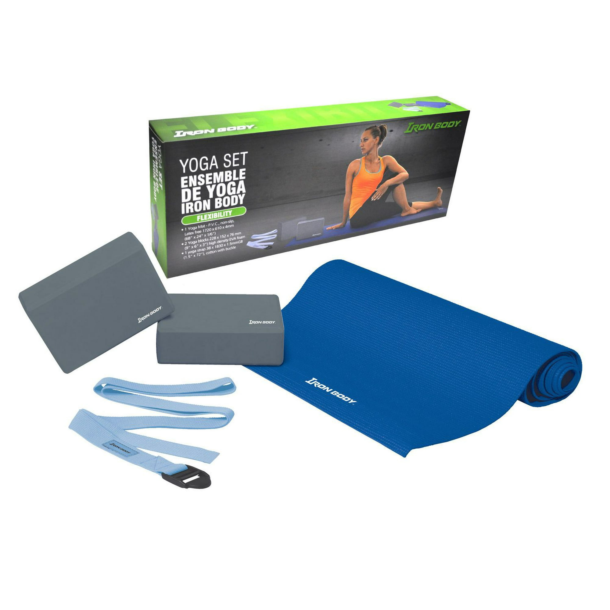 IBF 4-Piece Yoga Set by Iron Body Fitness - Includes a mat, two blocks and  a strap. 
