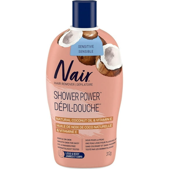 Nair Shower Power Sensitive Formula Hair Remover for Legs & Body with 100% Natural Coconut Oil plus Vitamin E, 312 g