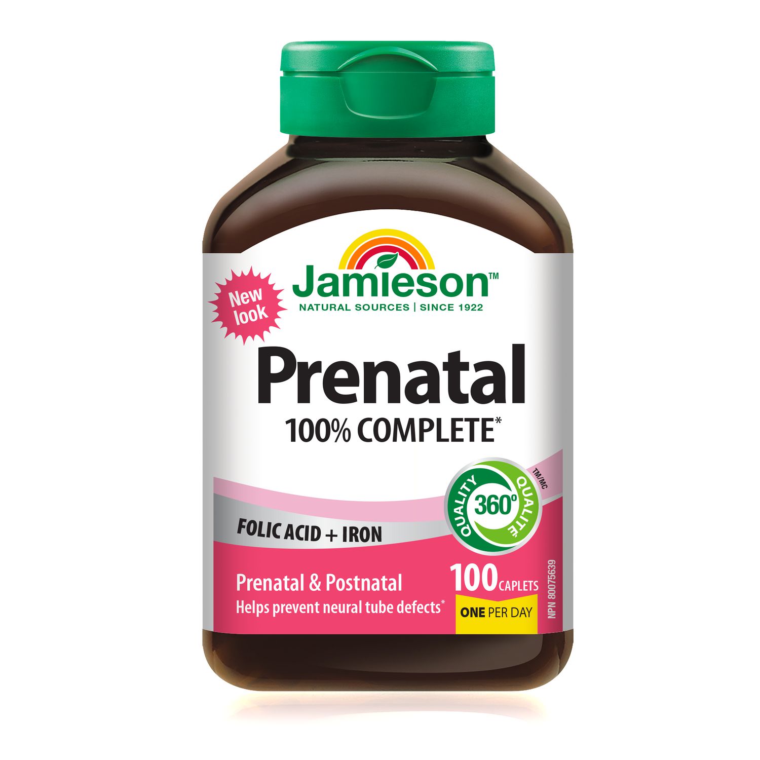 Jamieson Prenatal 100% Complete Multivitamin, with Folic Acid and Iron. Formulated for Prenatal and Postnatal, and While Breastfeeding, Prevents Neural Tube Defects, Gluten-Free, One Per Day, 100 Caplets