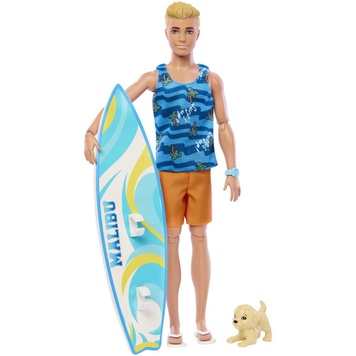 Ken Doll with Surfboard, Poseable Blonde Barbie Ken Beach Doll, Ages 3+ 