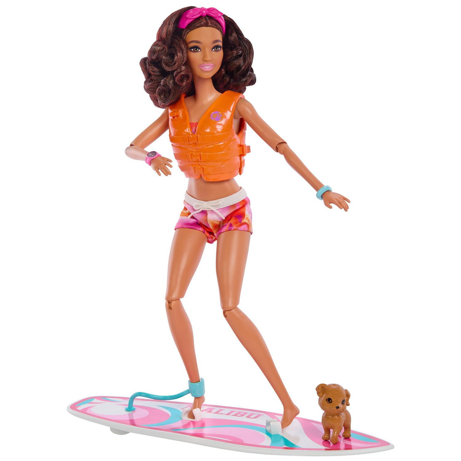 Barbie Doll with Surfboard and Puppy, Poseable Brunette Barbie