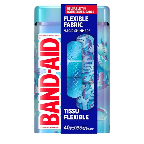 BAND-AID® Brand Flexible Fabric Adhesive Bandages, Comfortable Flexible Protection & Wound Care for Minor Cuts & Scrapes, First Aid Bandage with a Magic Shimmer Design, Assorted Sizes
