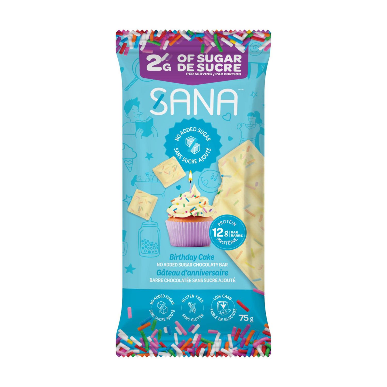 Sana Birthday Cake White Chocolate-style Bar, No Added Sugar 75g