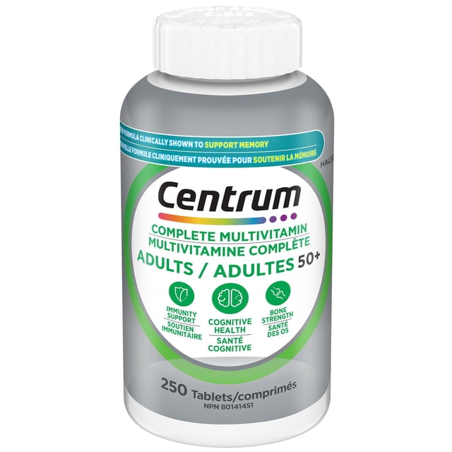 Centrum Adultes 50+, Formule complète, supplément de multivitamines et minéraux éprouvé en clinique pour soutenir la mémoire et la santé cognitive, 250 comprimés