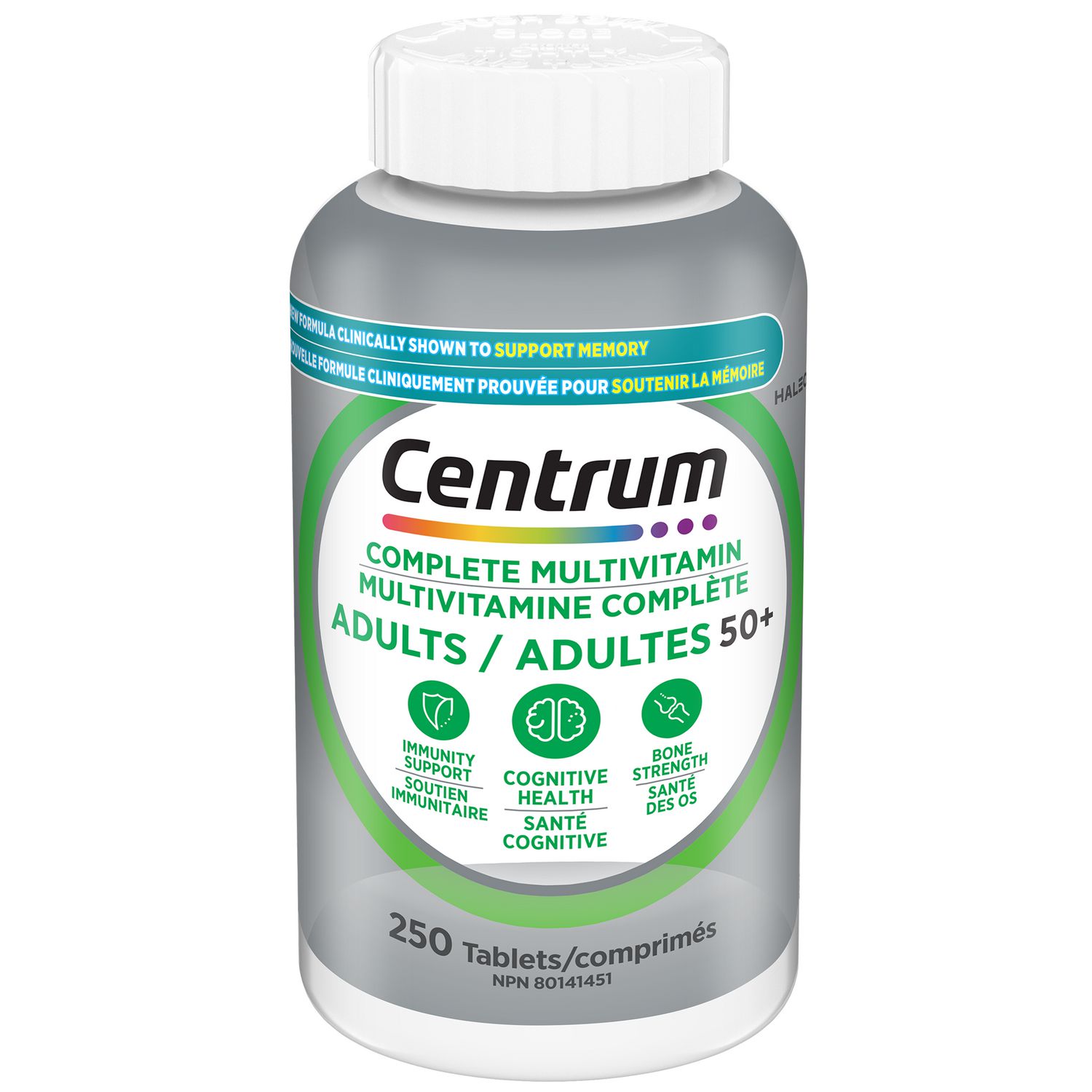 Centrum Adultes 50+, Formule complète, supplément de multivitamines et minéraux éprouvé en clinique pour soutenir la mémoire et la santé cognitive, 250 comprimés