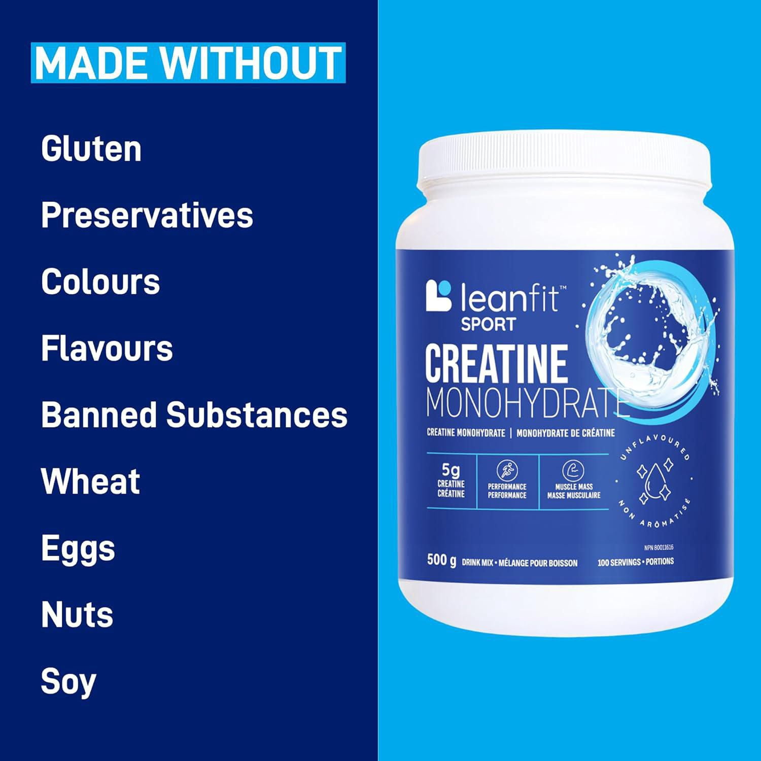 LEANFIT SPORT CREATINE MONOHYDRATE™ Powder Unflavoured 500g - Creatine Supplement for Increased Muscle Mass & Improved Performance - 5g Creatine Per Serving, Informed Choice Certified, Micronized & Pharmaceutical Grade Creatine, Gluten-Free, Vegan