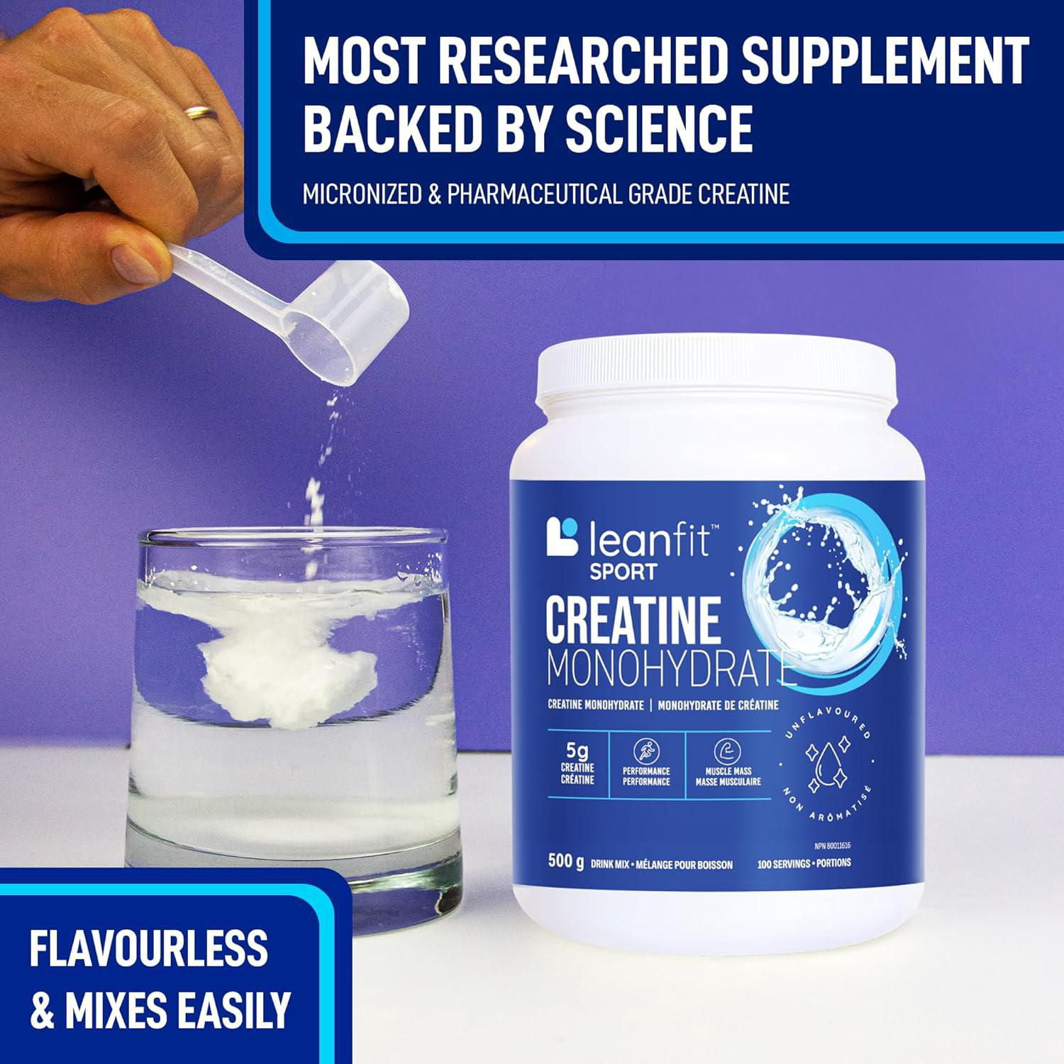LEANFIT SPORT CREATINE MONOHYDRATE™ Powder Unflavoured 500g - Creatine Supplement for Increased Muscle Mass & Improved Performance - 5g Creatine Per Serving, Informed Choice Certified, Micronized & Pharmaceutical Grade Creatine, Gluten-Free, Vegan