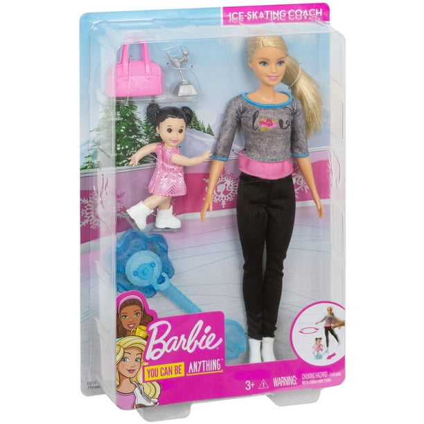 Barbie - PoupAes et ensemble de jeu Barbie coach de patinage sur glace avec  poupAe Barbie coach blonde, petite poupAe brune et poutre dAquilibre avec  mAcanisme coulissant, cadeau pour les enfants de