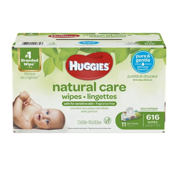 Lingettes pour bébés HUGGIES Natural Care, emballages souples jetables, emballage de 11 total de 616 feuilles