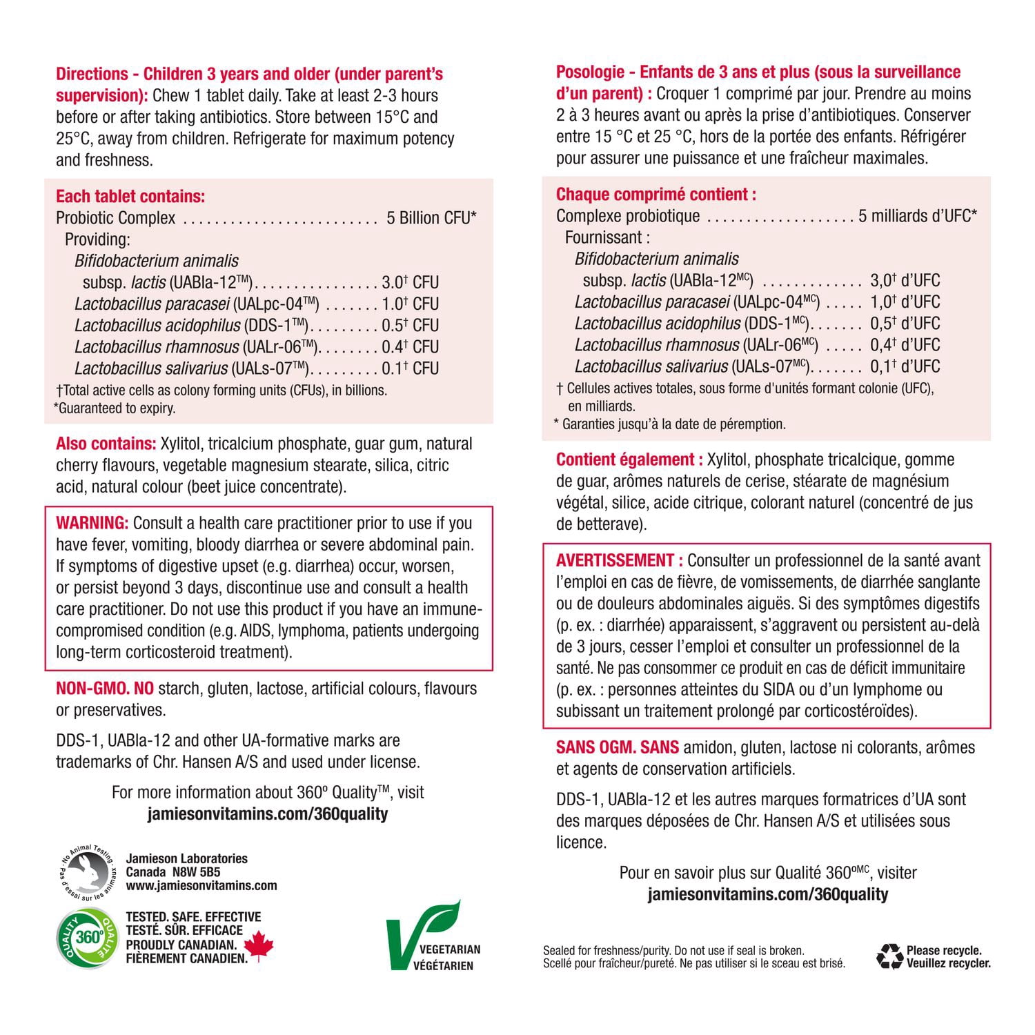 Jamieson Kids Probiotic Chewable Tablets, 5 Billion CFU, Cherry, 60 Count