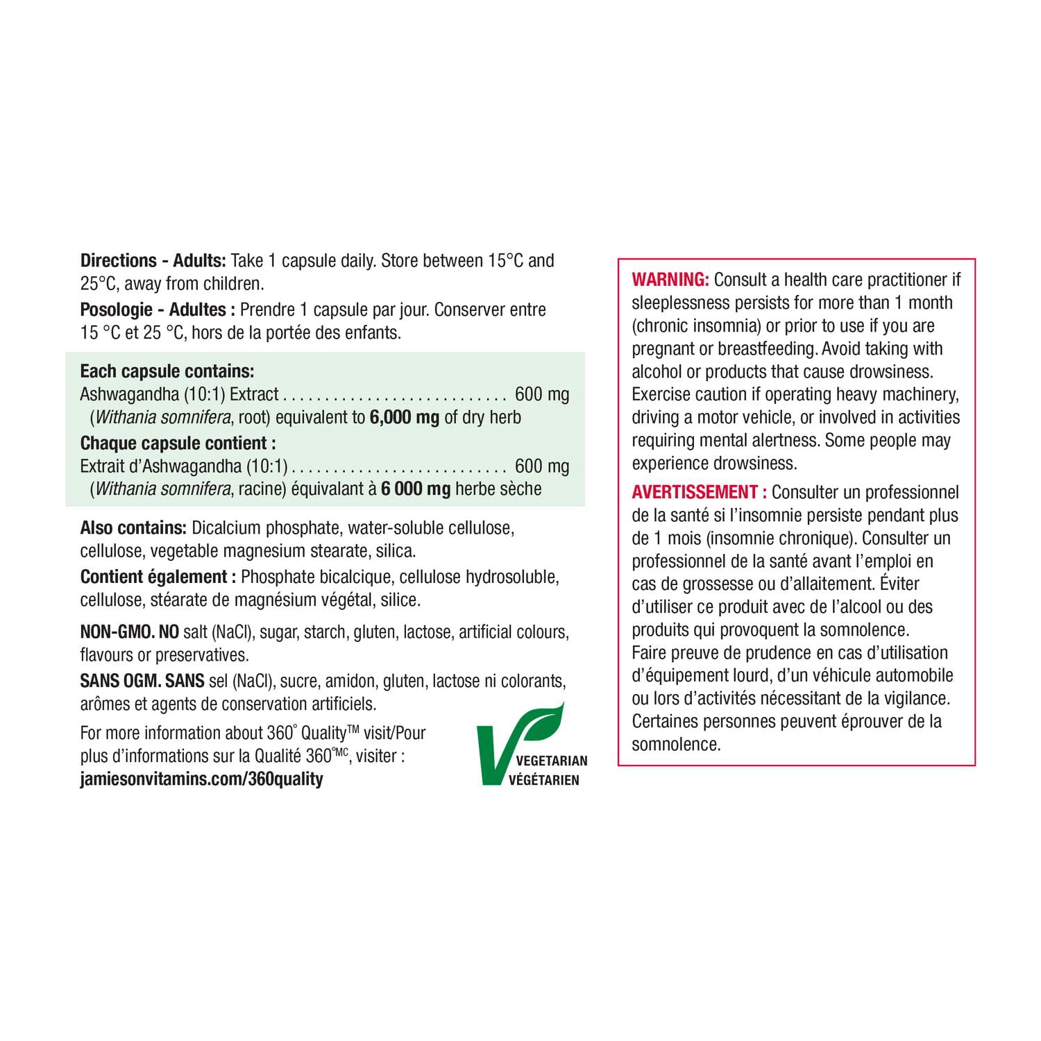 Jamieson capsules d'ashwagandha, 6000 mg, végétarienne, 60 capsules