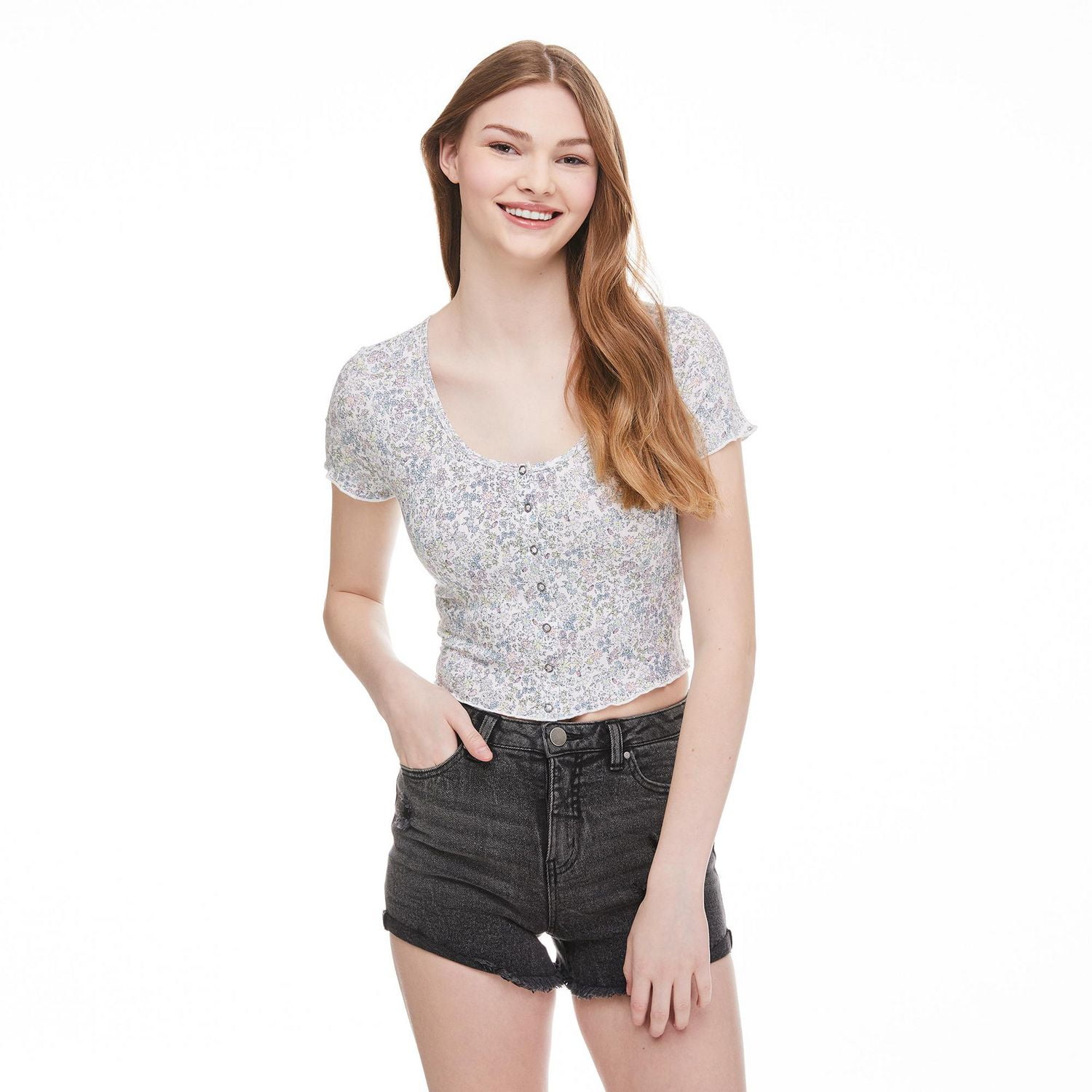 No Boundaries Women's Snap Rib Tee