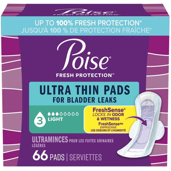 Poise Ultra Thin Postpartum Incontinence Pads with Wings, Light Absorbency, Regular Length, 66 Count