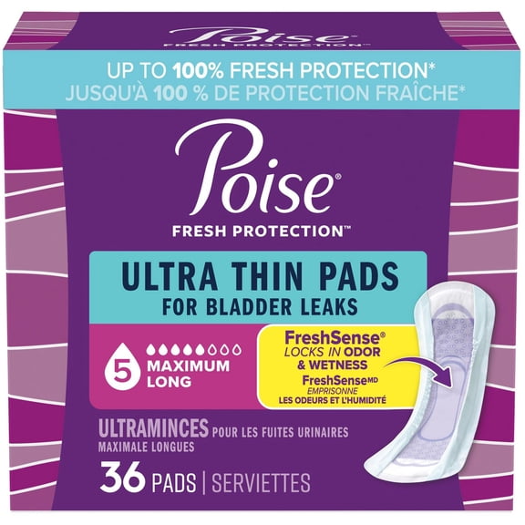 Poise Ultra-Thin Incontinence Pads for Women, 5 Drop, Maximum Absorbency, Regular, 36Ct