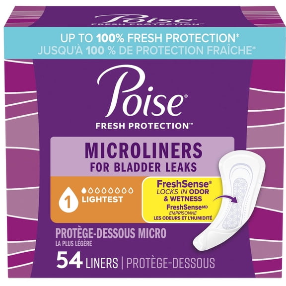 Poise Daily Microliners, Incontinence Panty Liners, 1 Drop Lightest Absorbency, Regular, 54 Count of Pantiliners