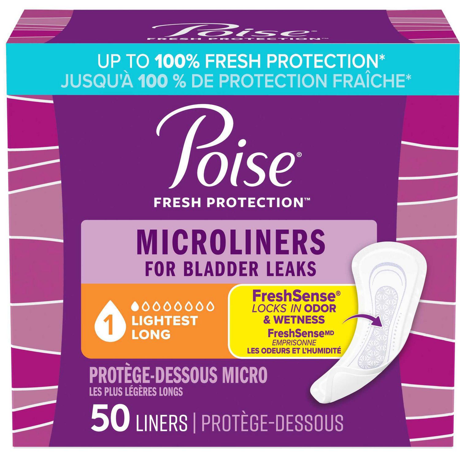 Poise Microliners Incontinence Panty Liners, 1 Drop Lightest Absorbency, Long, 50 Count long bladder leak protection panty liners with FreshSense odour-control for up to 12 hours, ultra-thin design that stays in place and is 10x drier than leading feminine care liners.
