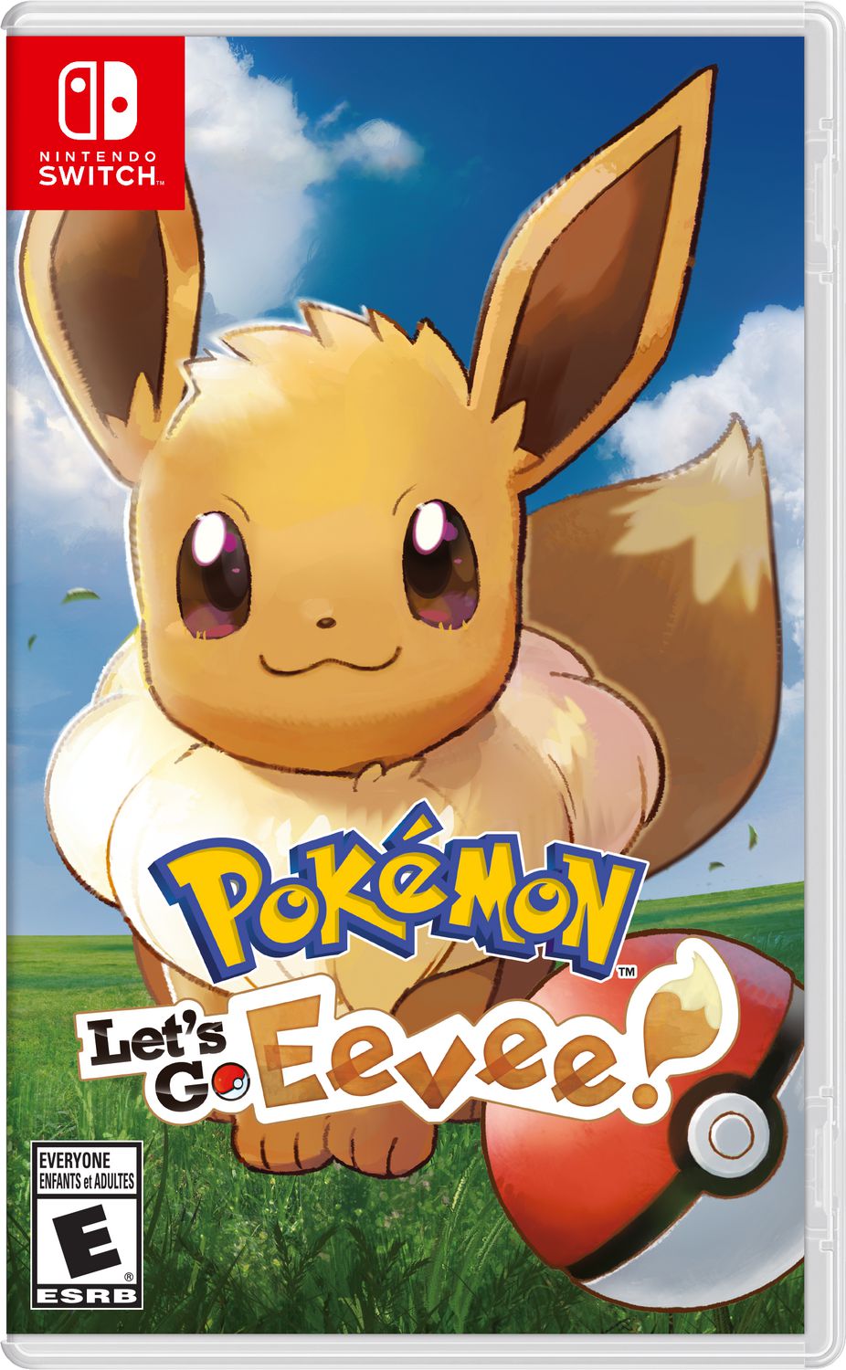 Pokémon Let's Go, Eevee! (Nintendo Switch) Nintendo Switch game cover showing Eevee beside a Trainer on a colorful Kanto-themed background; supports TV, tabletop and handheld play, Joy-Con motion or button controls, Poké Ball Plus compatibility, local two-player co-op and suitable for short family co-op sessions or motion-control demos.
