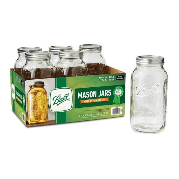 Ball Mason Jars & Lids, Wide Mouth, 1.8 L Half-Gallon Size, 6 Pack