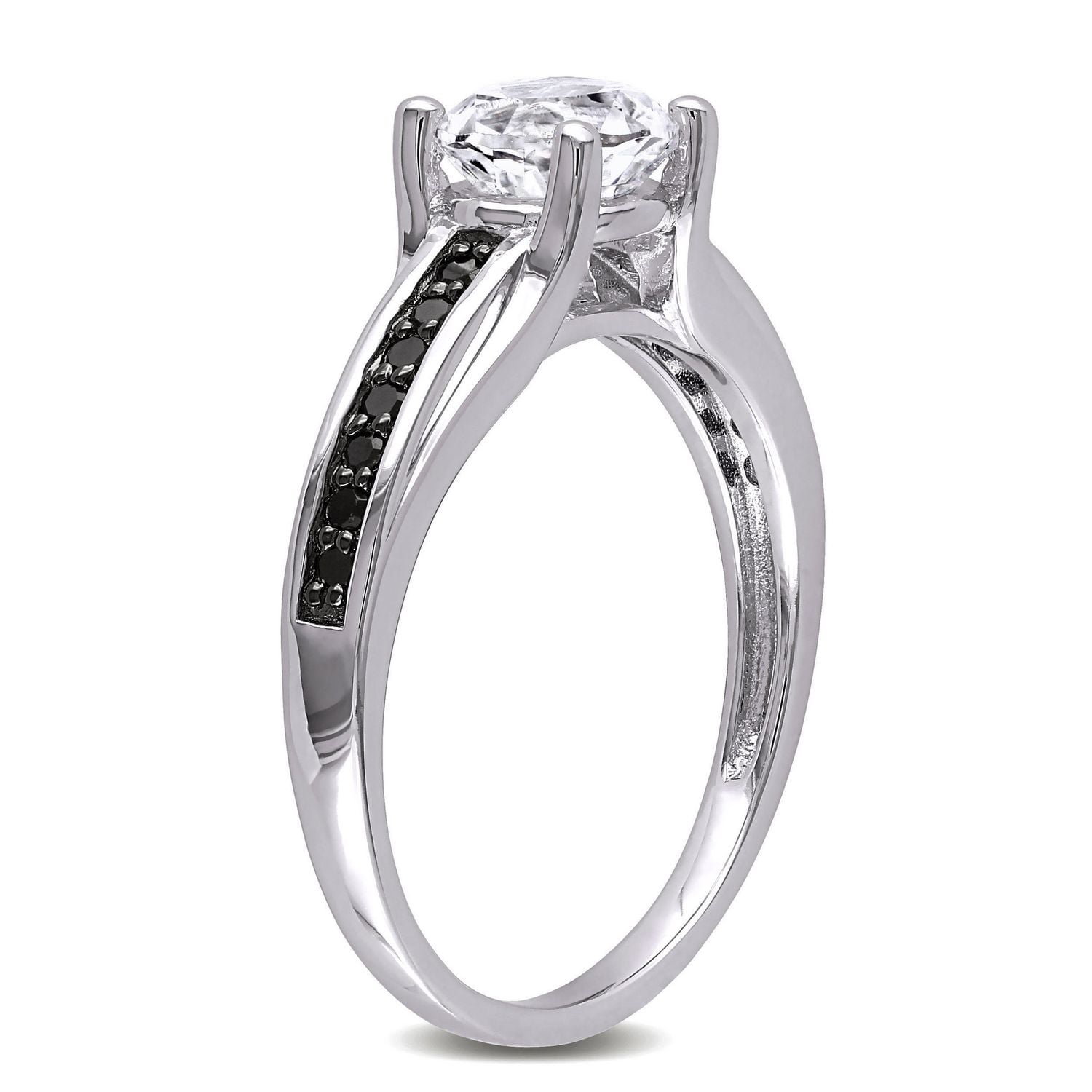 Bague  avec 1.38 carat de saphir blanc synthétique et 0.14 carat de diamants noirs en argent sterling
