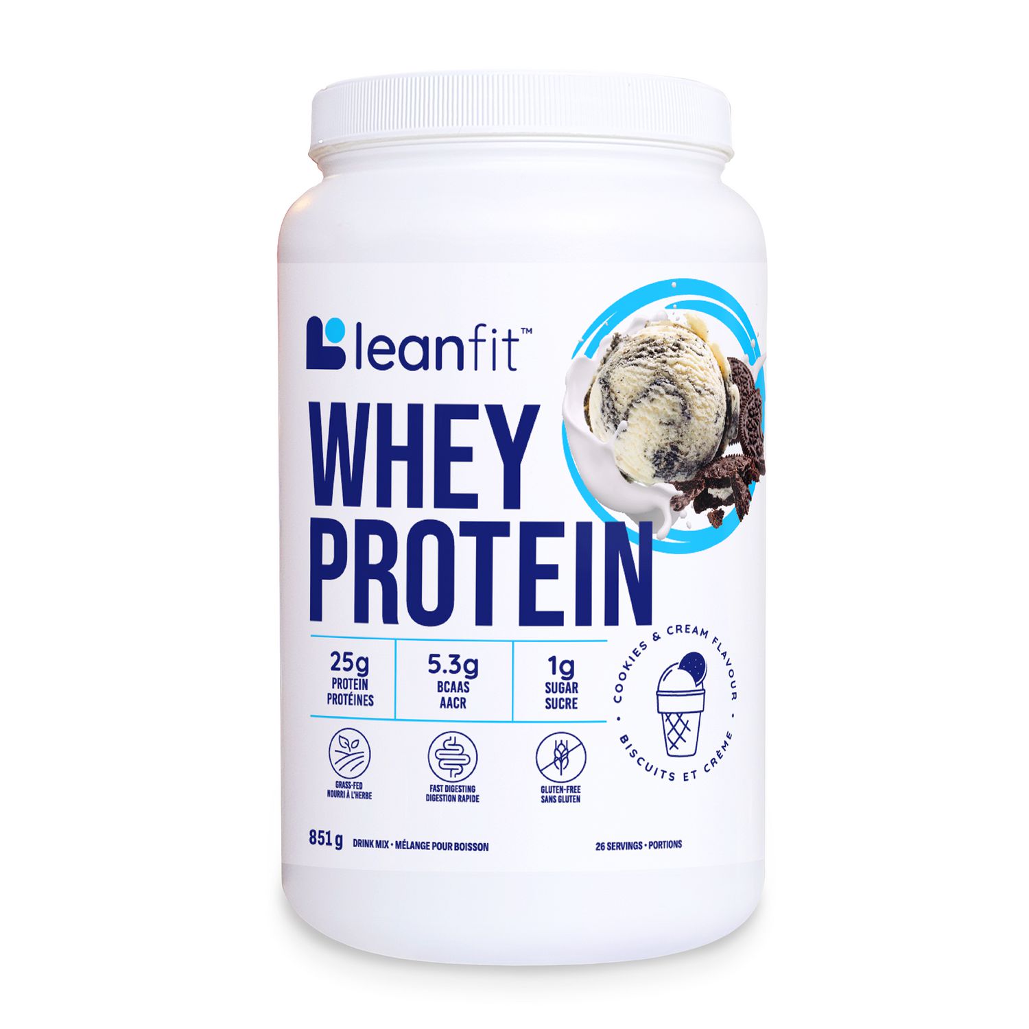 LEANFIT WHEY PROTEIN Cookies & Cream – 100% Whey Protein Powder, 25g Protein Per Serving – Grass-Fed, Gluten-Free, BCAAs, Amino Acid