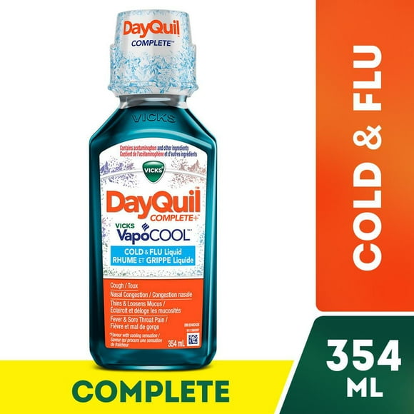Vicks DayQuil COMPLETE plus Vicks VapoCOOL Cold and Flu Medicine, Daytime, Non-Drowsy relief for Cough, Fever, Sore Throat Pain, Sinus congestion, Sinus Pain, Chest Congestion, 354 mL