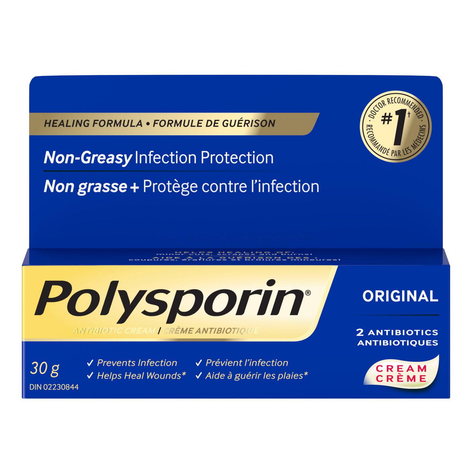 Polysporin Original Antibiotic Cream, 30 g centered front-facing tube showing product name and '30 g' size text; topical antibiotic cream that helps prevent infection and aids healing of minor cuts, scrapes and burns, non-stinging and odourless, suitable for basic wound care.