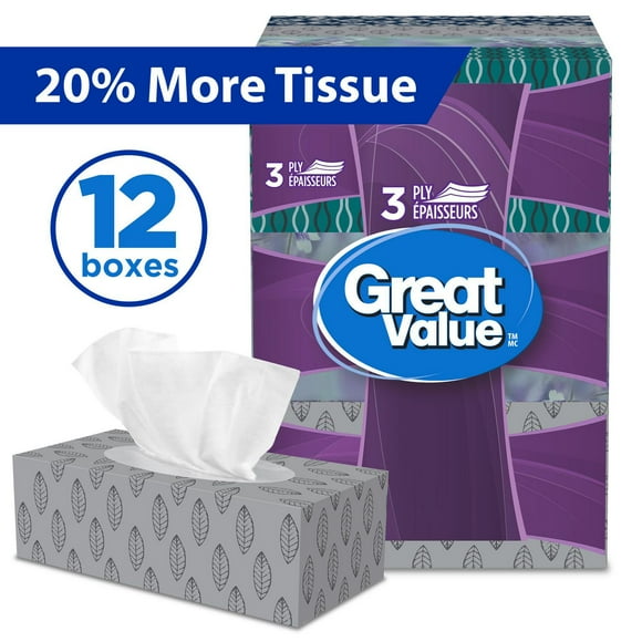 Great Value, Facial Tissues, 12 flat boxes, 88 tissues per box, 3Ply, 1,056 Tissues in total