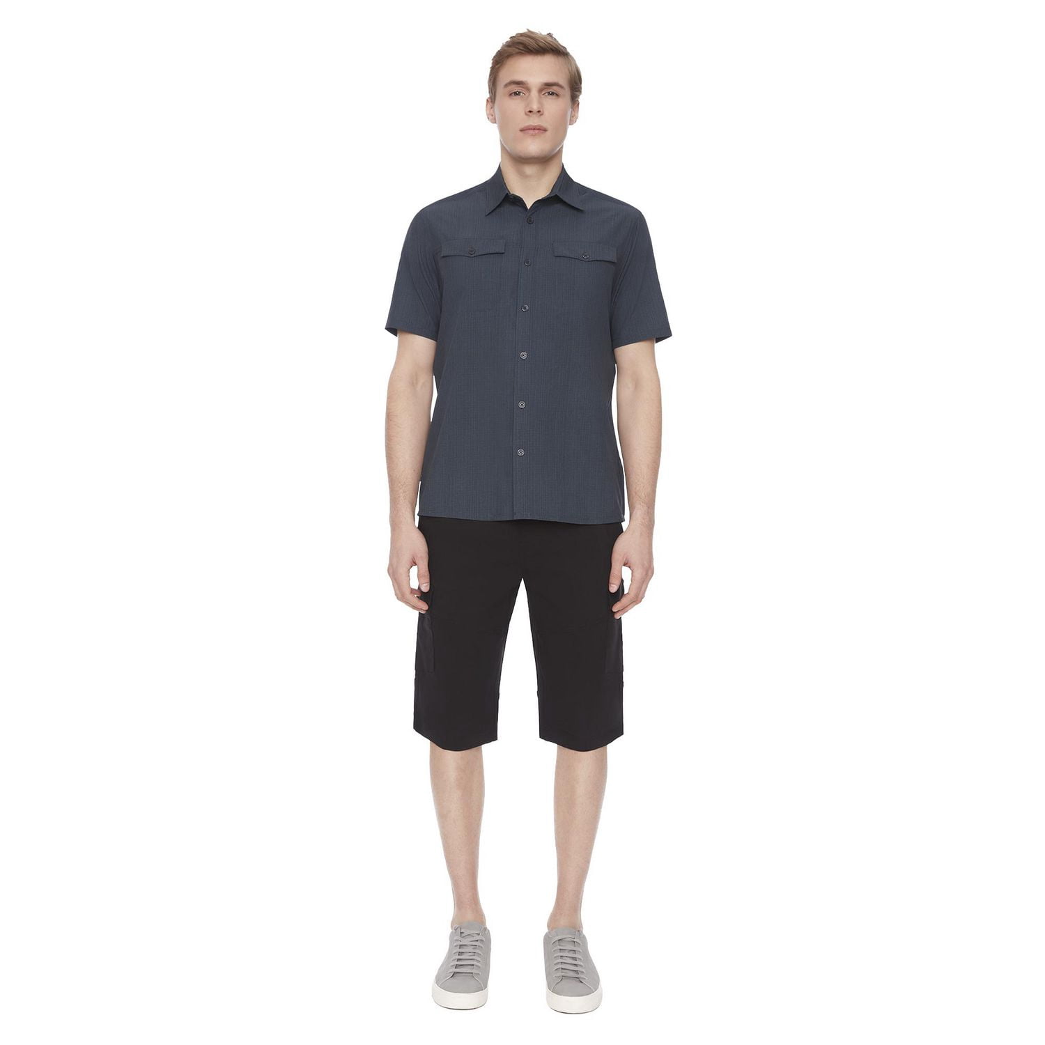 Chemise boutonnée à manches courtes extensible 4 sens pour homme Dark Black