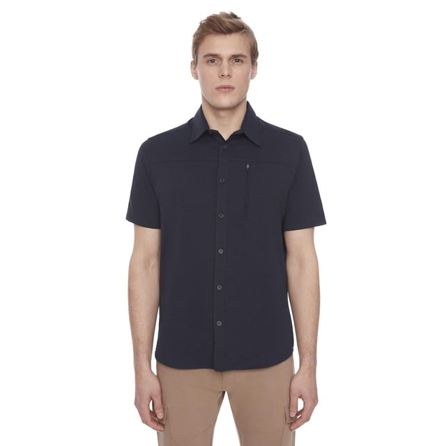 Dark Black Men's 4 Way Stretch Jaquard Mesh Knit s/s button down shirt