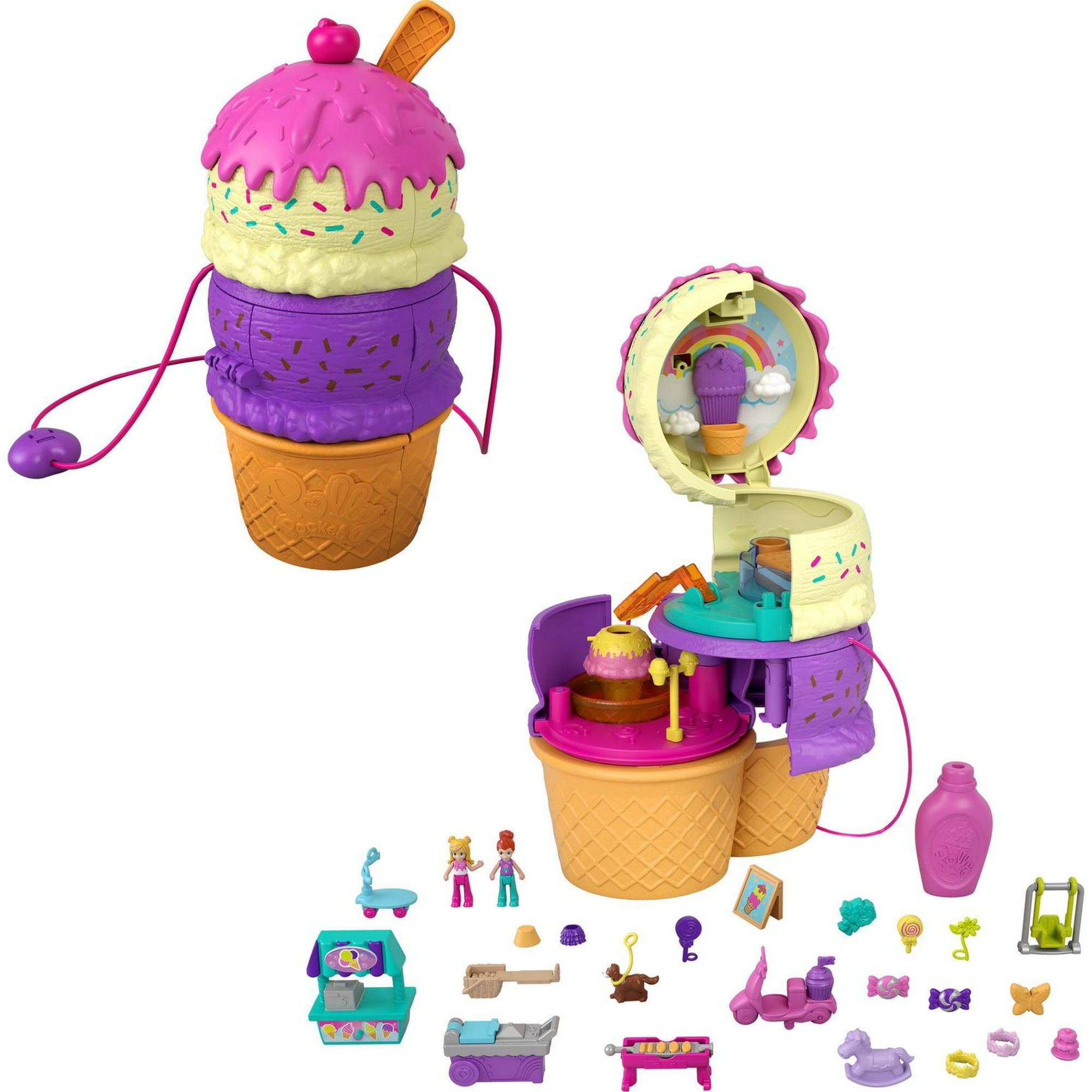 Polly Pocket Something Sweet Cupcake Compact Playset with 2 Micro Dolls &  Accessories, Travel Toys