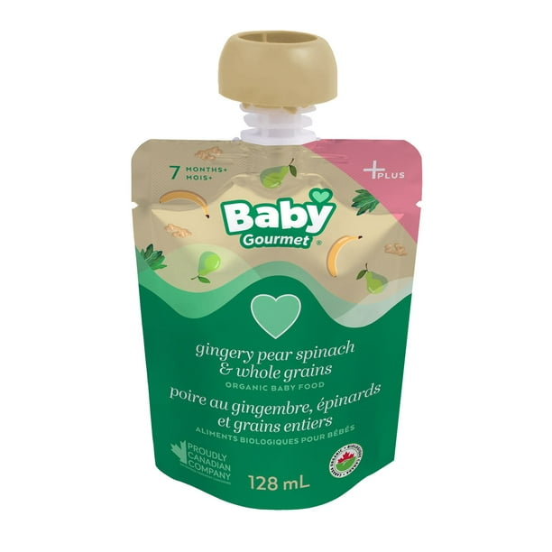 Baby Gourmet Poire au gingembre avec epinards & grains entiers aliments biologiques pour bebes Plus 128 ml