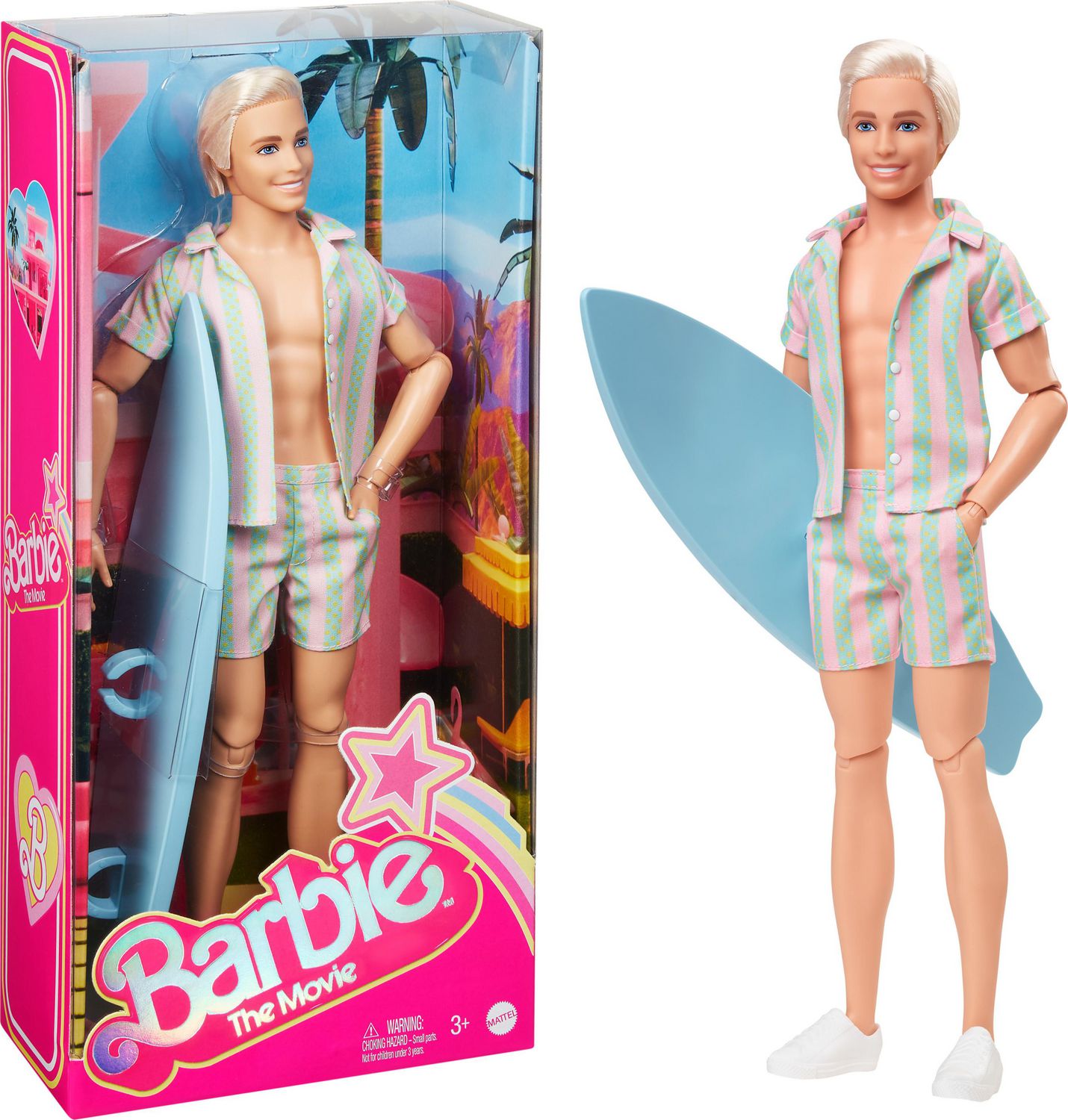 Barbie The Movie Ken Doll Wearing Pastel Striped Beach Matching