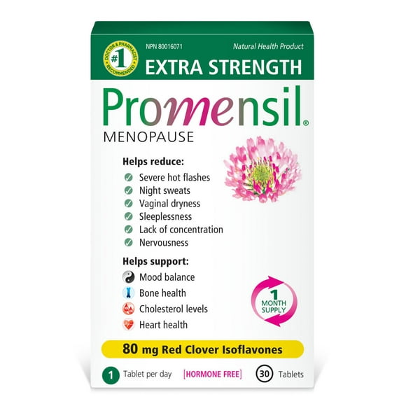 Promensil® Extra Strength Menopause Symptom Relief Double Strength Tablets, 30 Count, 30 tablets. For hot flashes, bone and heart health.