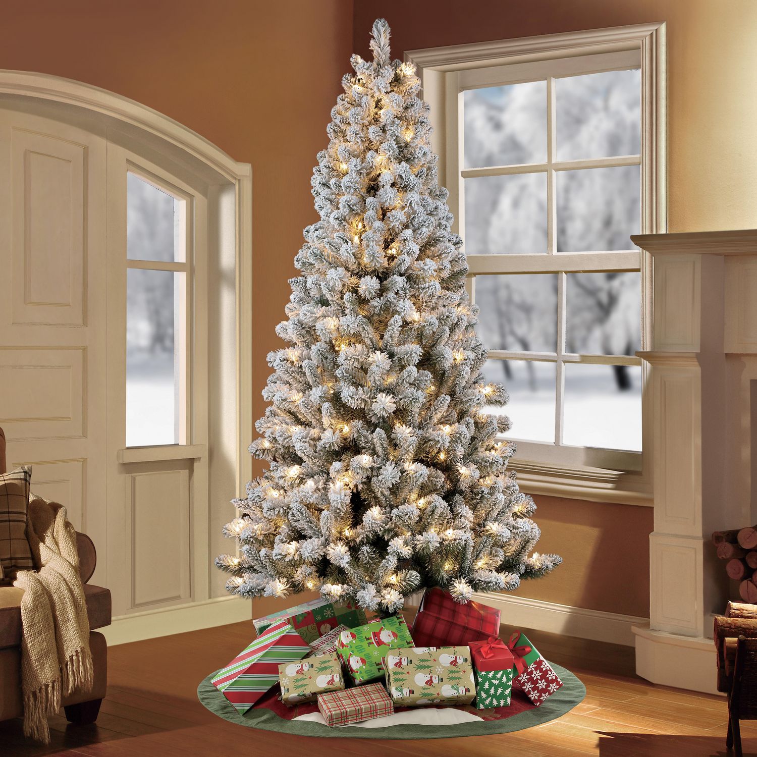 HOLIDAY TIME CHRISTMAS PRELIT TREES 6.5-FT PRE-LIT FLOCKED FRISCO PINE ...