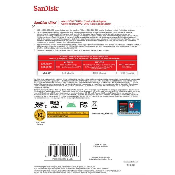 Carte mémoire SanDisk 256GB Ultra®microSDXC™ UHS-I La carte UHS-I