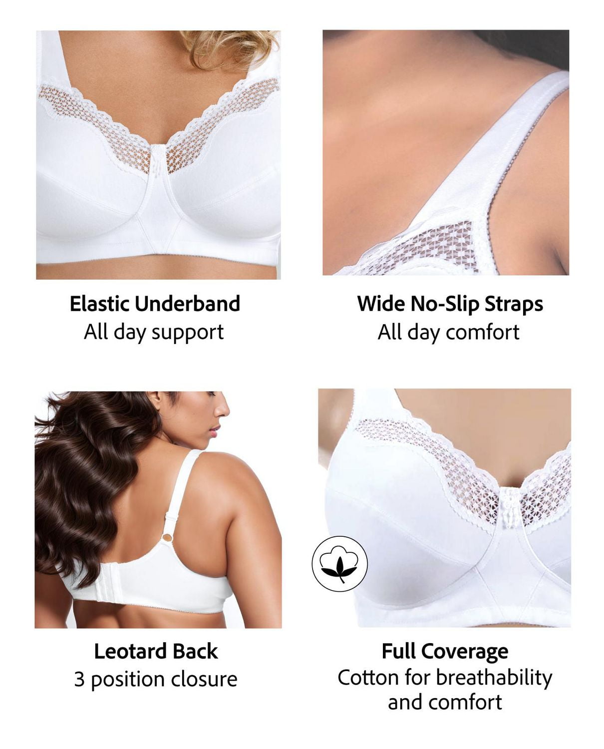Exquisite Form #9600535 Soutien-gorge entièrement en coton à bonnets souples, dentelle, sans fil Tailles Desponibles 38C - 48DD