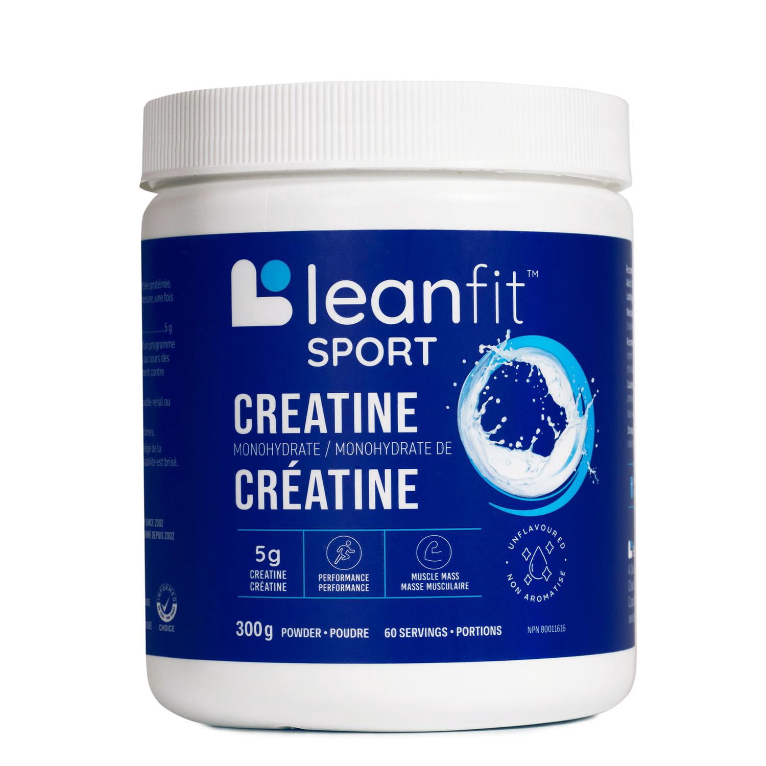 LEANFIT SPORT CREATINE MONOHYDRATE™ Powder Unflavoured 300g - Creatine Supplement for Increased Muscle Mass & Improved Performance - 5g Creatine Per Serving, Informed Choice Certified, Micronized & Pharmaceutical Grade Creatine, Gluten-Free, Vegan, Size: 300g Tub (60 Servings)