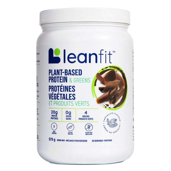 LEANFIT PLANT-BASED PROTEIN & GREENS™ Chocolate 579g - 20g Plant Protein + 4 Leafy Greens Per Serving, Vegan, Gluten-Free, Non-GMO, Soy-Free, No Sugar, Complete Amino Acid Profile