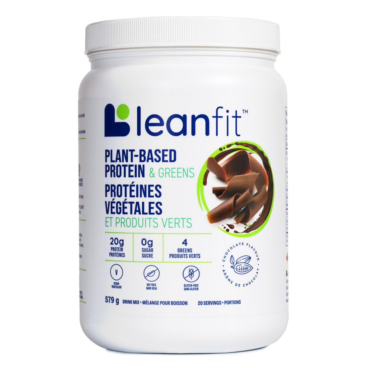 LEANFIT PLANT-BASED PROTEIN & GREENS™ Chocolate 579g - 20g Plant Protein + 4 Leafy Greens Per Serving, Vegan, Gluten-Free, Non-GMO, Soy-Free, No Sugar, Complete Amino Acid Profile