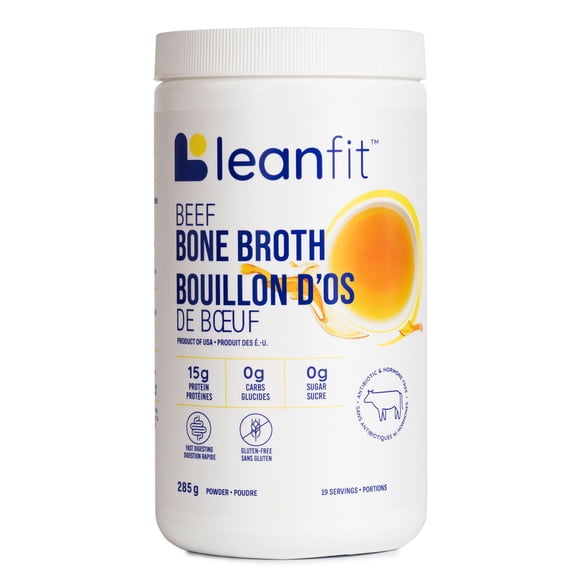 LEANFIT BEEF BONE BROTH™ 285g - 100% Beef Bone Broth Powder, 15g Protein Per Serving, Grass-Fed, Antibiotic & Hormone Free, Grass-Fed, Gluten-Free