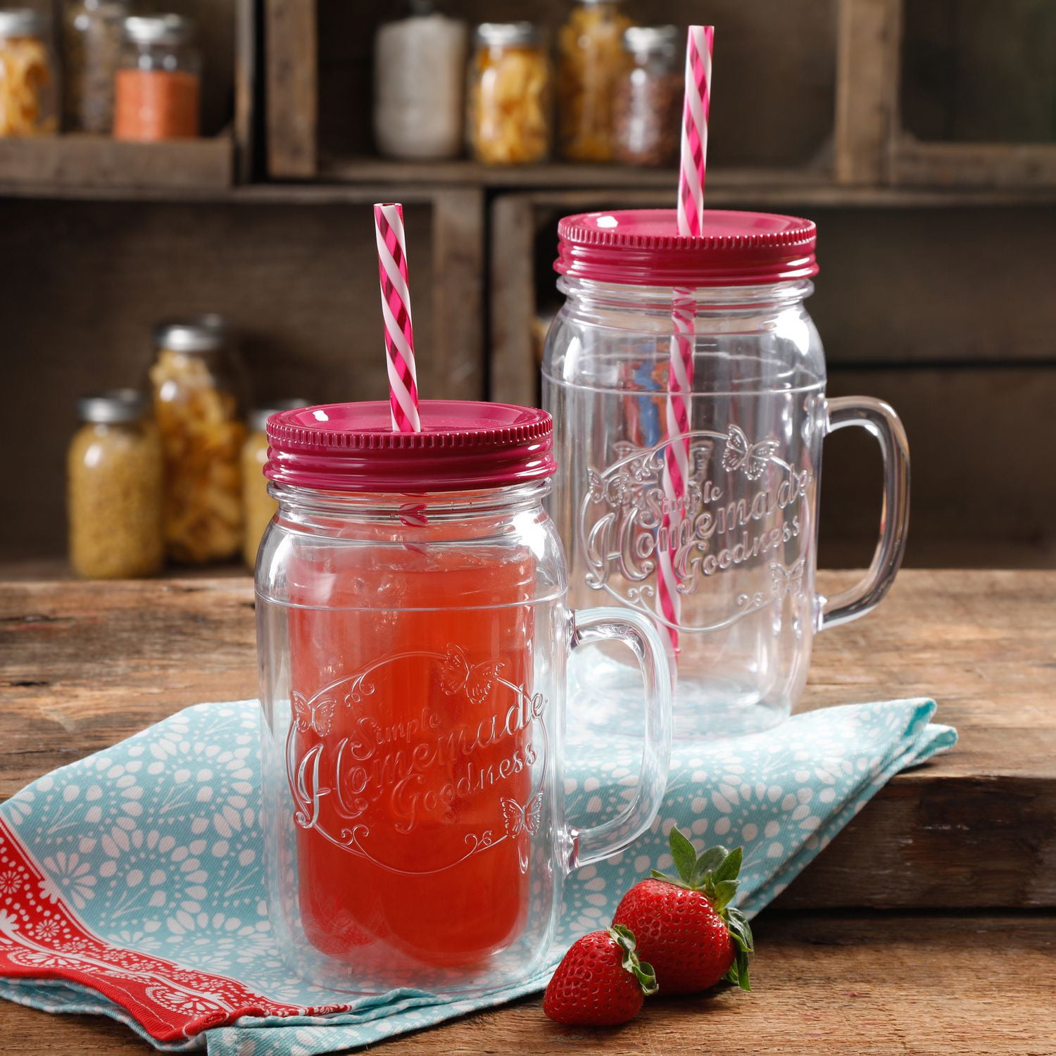THE PIONEER WOMAN SHG RASPBERRY 32OZ DOUBLEWALL MASON JAR WITH LID AND HANDLE, SET OF 2