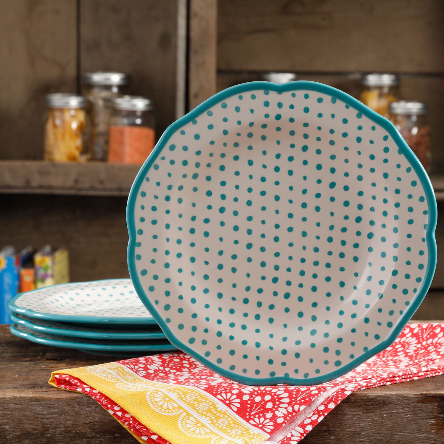 THE PIONEER WOMAN RETRO DOT TEAL 10.5INCH DINNER PLATE SET, SET OF 4