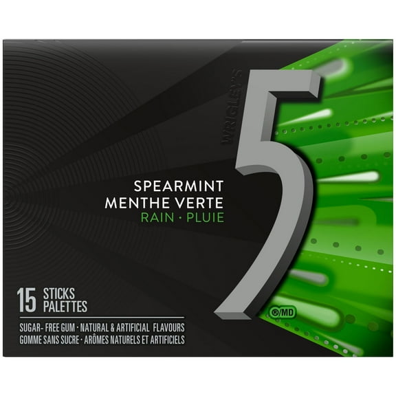 5 GUM, Spearmint-Rain Flavoured Sugar Free Chewing Gum, 15 Sticks, 1 Pack