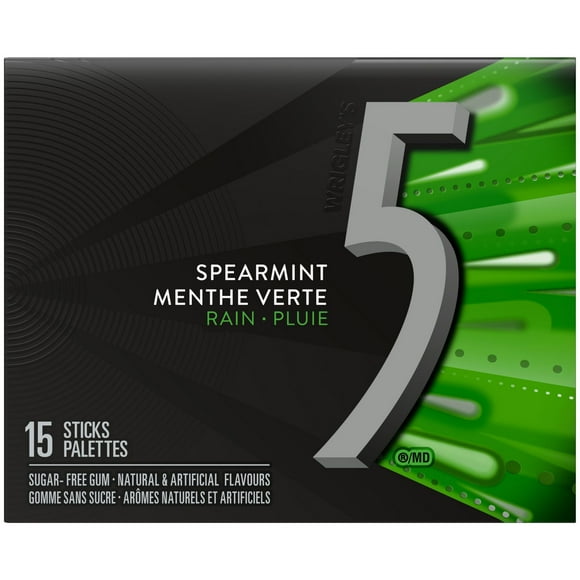 5 GUM, Spearmint-Rain Flavoured Sugar Free Chewing Gum, 15 Sticks, 1 Pack