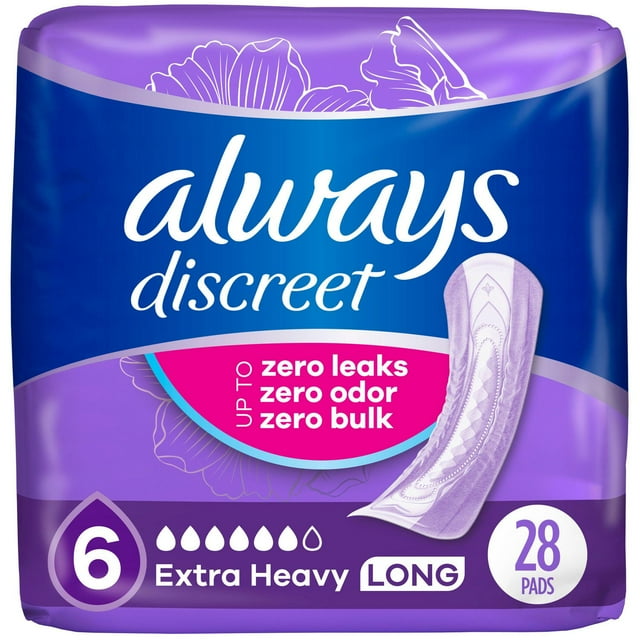 Always Discreet Adult Incontinence Pads for Women, Extra Heavy Absorbency, Long Length, Postpartum Pads