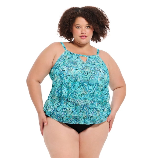 Krista Plus Women's Tiered High Neck Tankini W/Mesh Swim Top