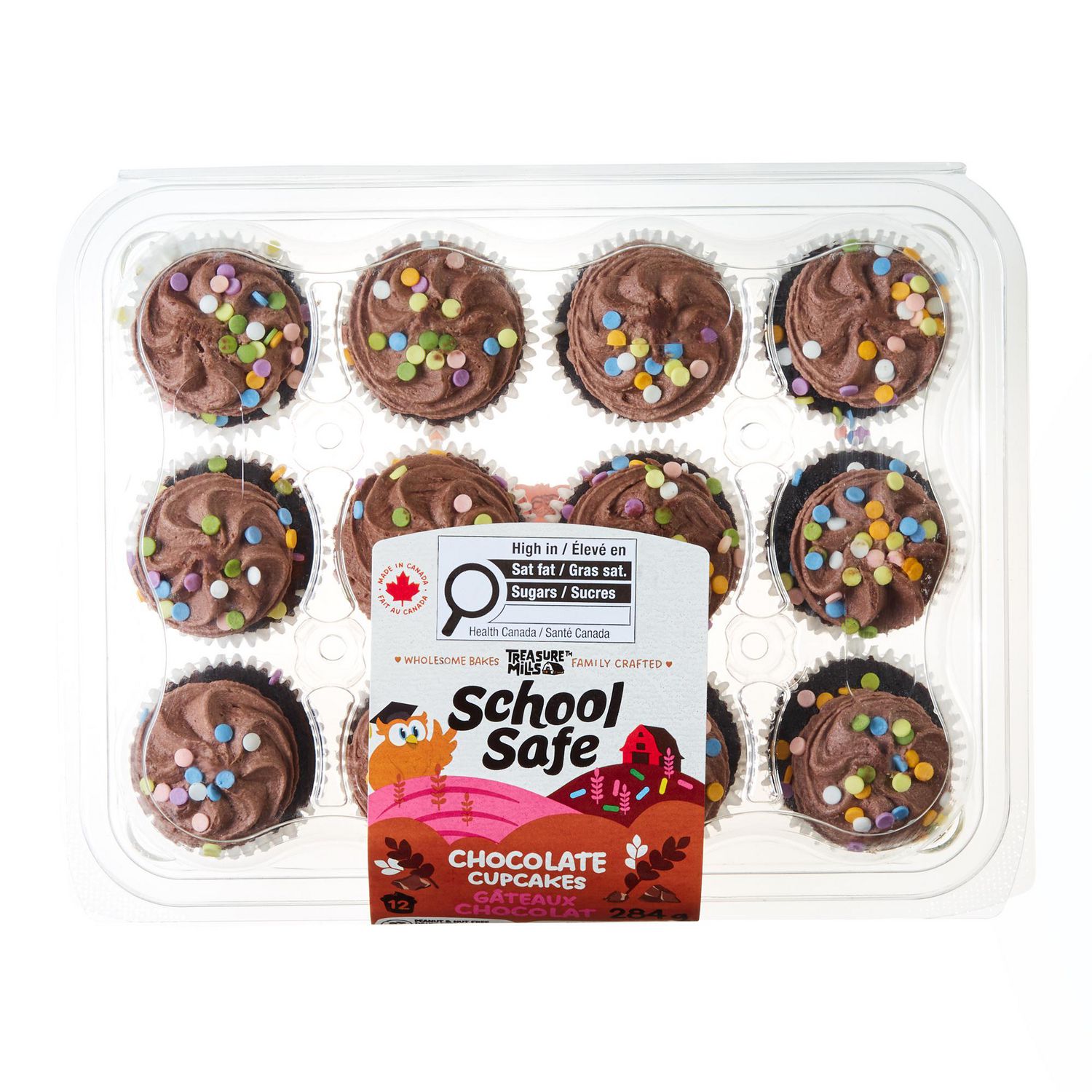School Safe Chocolate Cupcakes centered view of mini chocolate cupcakes with chocolate sponge and a dollop of chocolate frosting topped with colourful candy dots; 12 cupcakes per package, peanut‑free, dairy‑free, no artificial colours or flavours, made in Canada, often used as lunchbox treats or party favors.