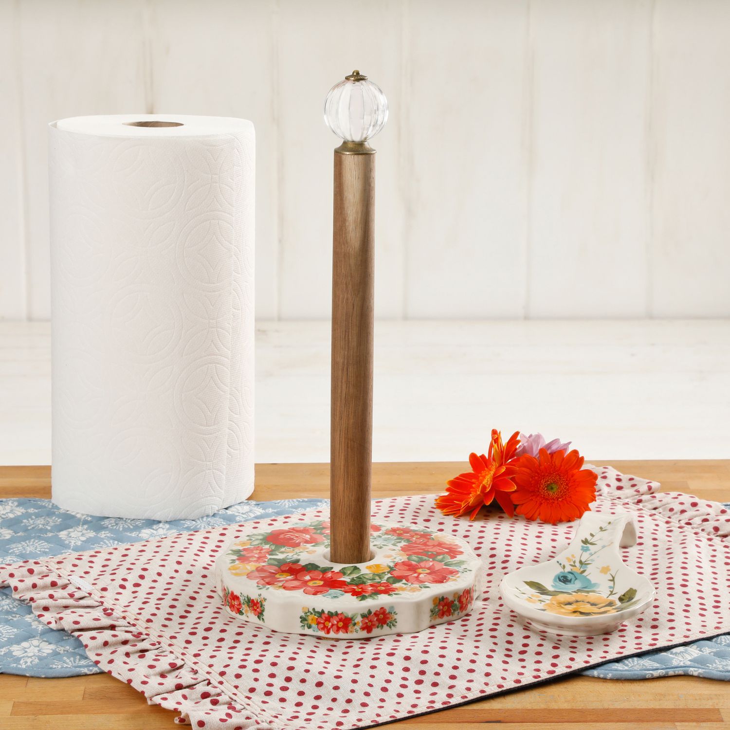 Details about    The Pioneer Woman Vintage Floral Paper Towel Holder with Rose Shadow Spoon Rest 